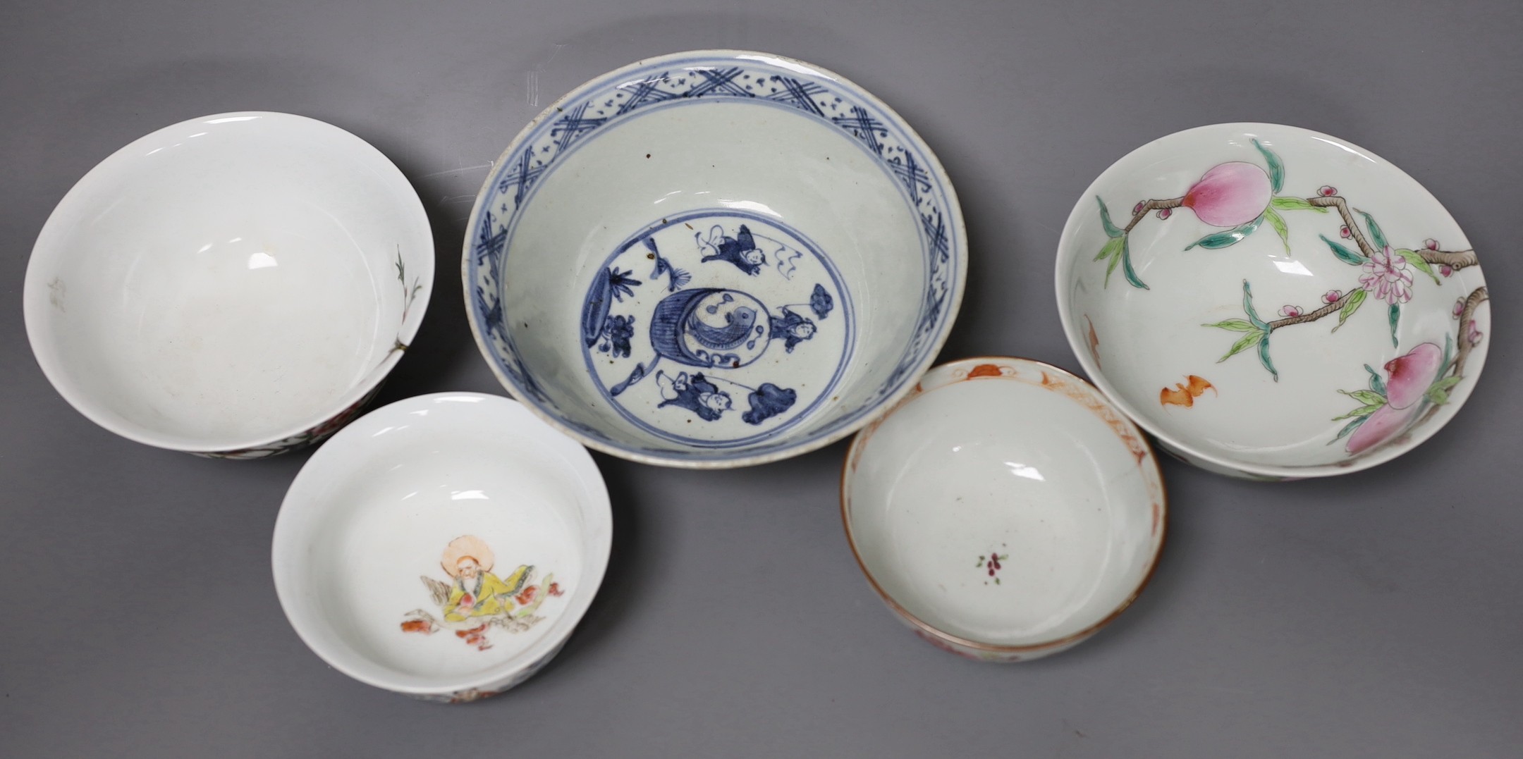 Five Chinese porcelain bowls, one blue and white and three with enamelled decoration, largest 18 cm diameter